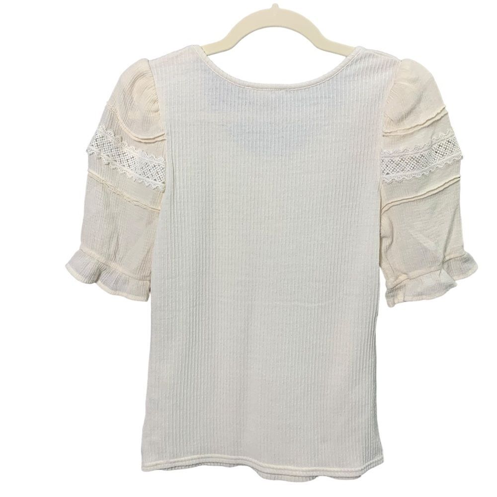 MINE Ribbed Puff Sleeve Ruffled Blouse Small in Cream Color - Picture 2 of 3